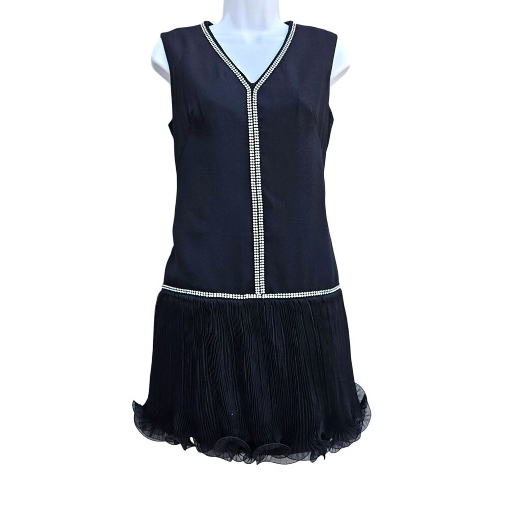 vtg RETRO Cocktail LBD Sleeveless Mini Dress Black & Rhinestones 1960s S/M 6 8